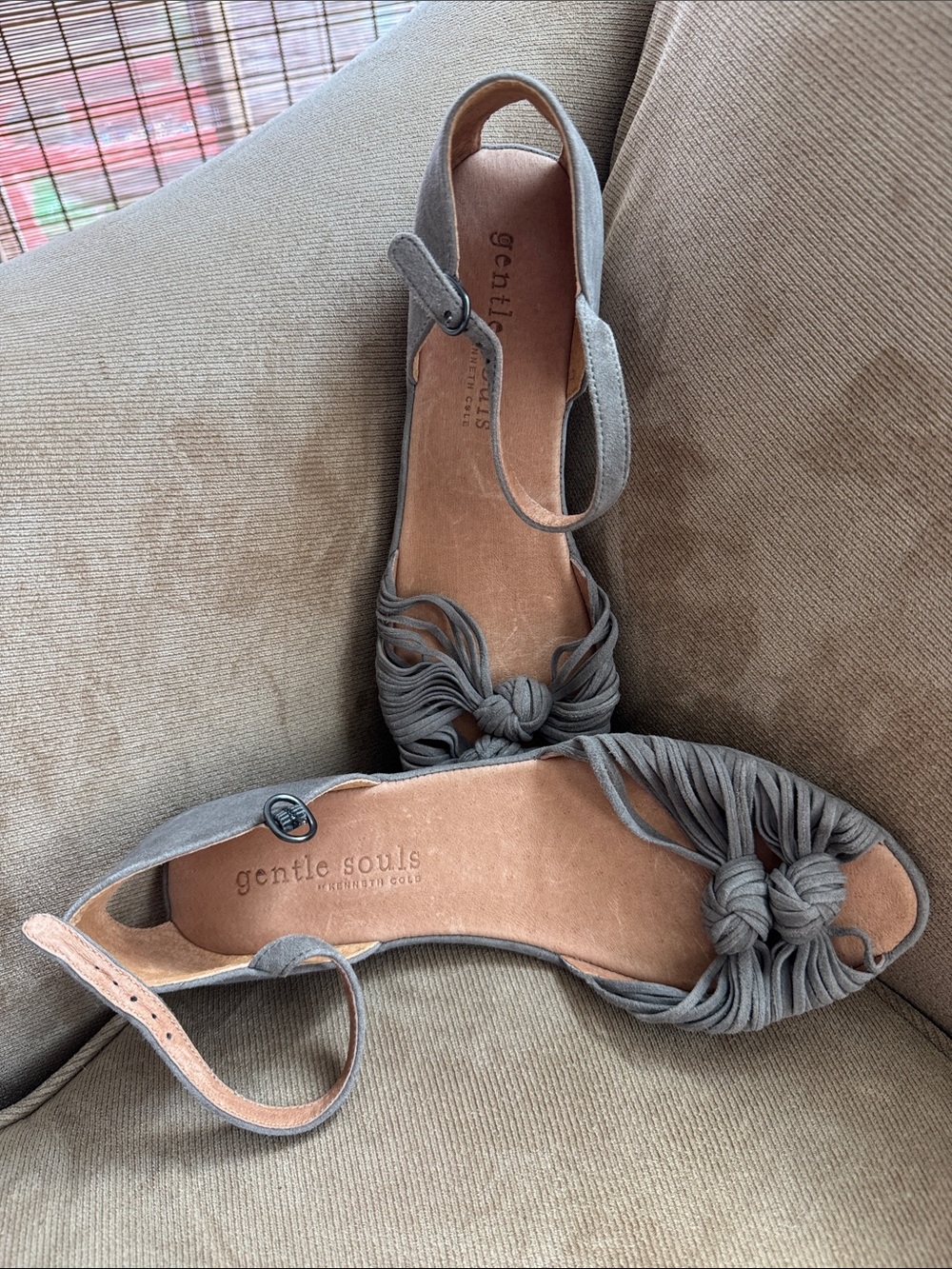 gentle souls Gray Knotted Suede Ankle-Strap Flat Sandals